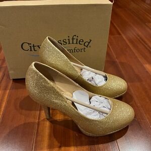 Gold Glitter Heels Shoes Pumps City Classified Comfort Jack-S Dressy Party 8.5